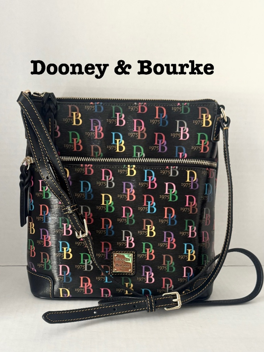 DOONEY & BOURKE DB75 Multi Color Logo Bag Slim Crossbody Purse Leather Trim